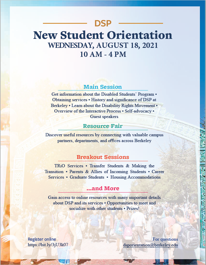 DSP New Student Orientation Flier - Wednesday, August 18, 2021 10am to 4pm