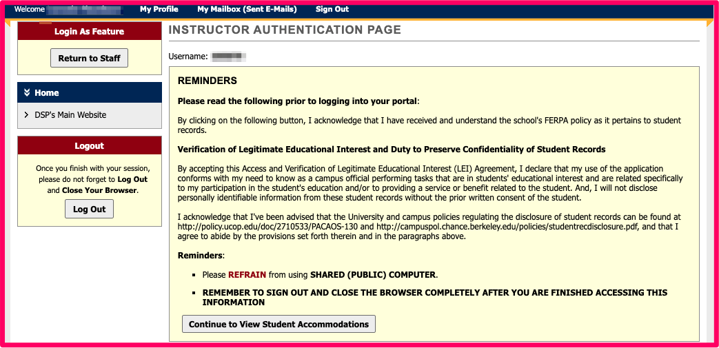Screenshot of Instructor Authentication page