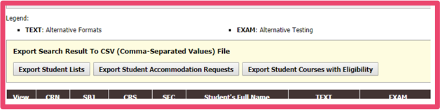 Screenshot displaying export options