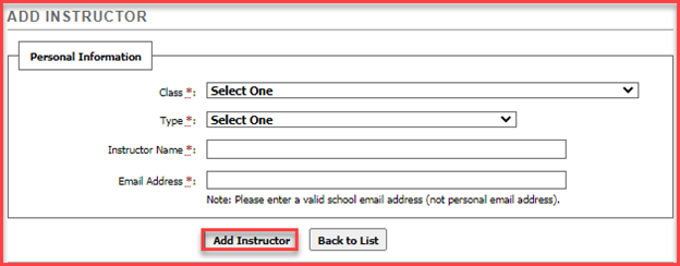 Screenshot displaying area where instructor information is filled out
