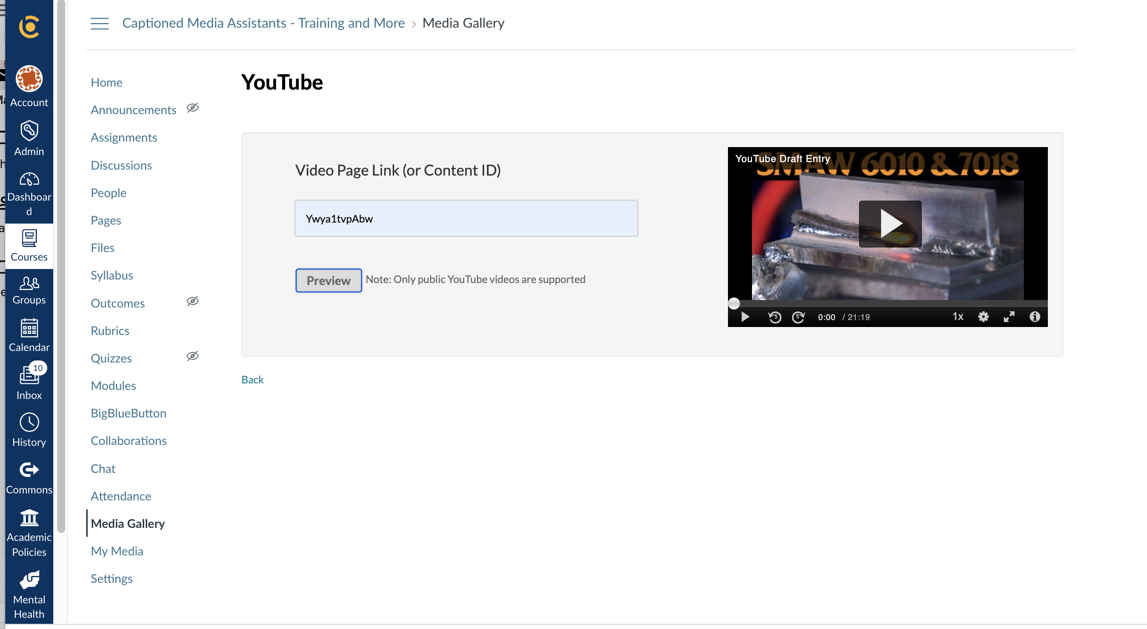 Screenshot of bcourses Media Gallery with the Preview button highlighted below the uploaded media