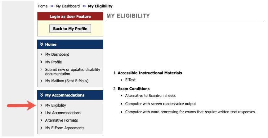 This image shows a red arrow pointing at the option for "My Eligibility." This image shows a red arrow pointing at the option for "My Eligibility."