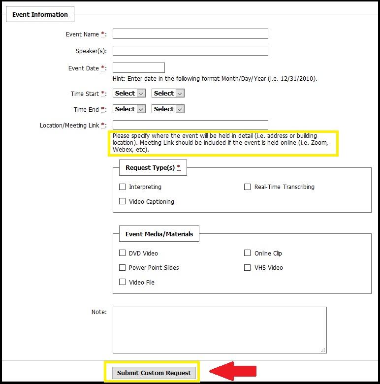 screenshot of AIM custom request form