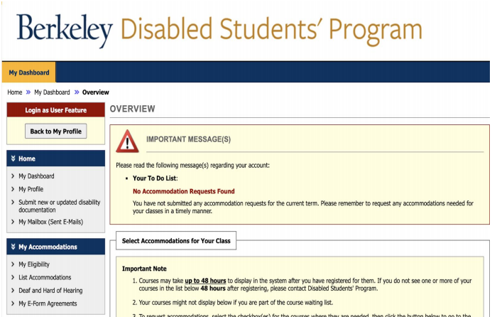 screenshot of AIM student dashboard